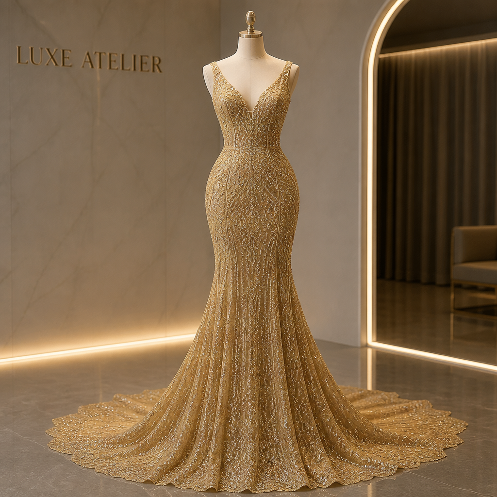 Create a realistic product mockup based on these instructions:
Create an elegant fashion design featuring a stunning gold dress adorned with intricate diamond embellishments. The dress should flow gracefully to the floor, with a fitted bodice and a dramatic train. Incorporate soft lighting to enhance the shimmering texture of the gold fabric, highlighting the brilliance of the diamonds throughout.
Create a professional, photorealistic mockup scene. Since no design image was provided,
show the product/scene with a placeholder or blank surface where a design would typically go.