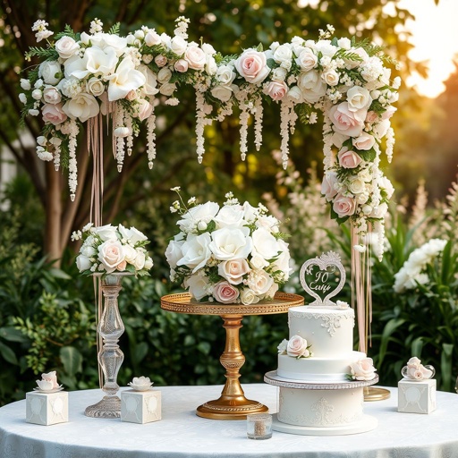 mockup design, Design a stunning mockup featuring a complete wedding decorations and gift set crafted from resin. Showcase elegant resin centerpieces, intricate table decorations, personalized resin gifts, and chic resin cake toppers. Incorporate soft pastel colors and floral patterns, presenting the set in an enchanting outdoor wedding setting, highlighting its elegance and charm.