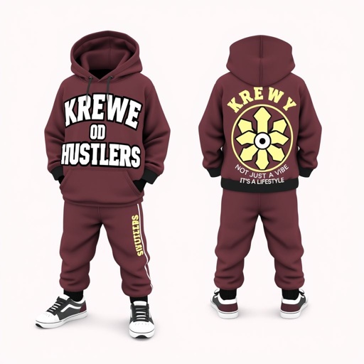 mockup design, Create a vibrant mockup of kids' jogger sets featuring "Krewe Of Hustlers" prominently on the front. The back showcases a bold symbol representing unity and lifestyle with the phrase "Not Just A Vibe, It’s A Lifestyle." Use solid colors to ensure a playful, unisex appeal, suitable for all children.