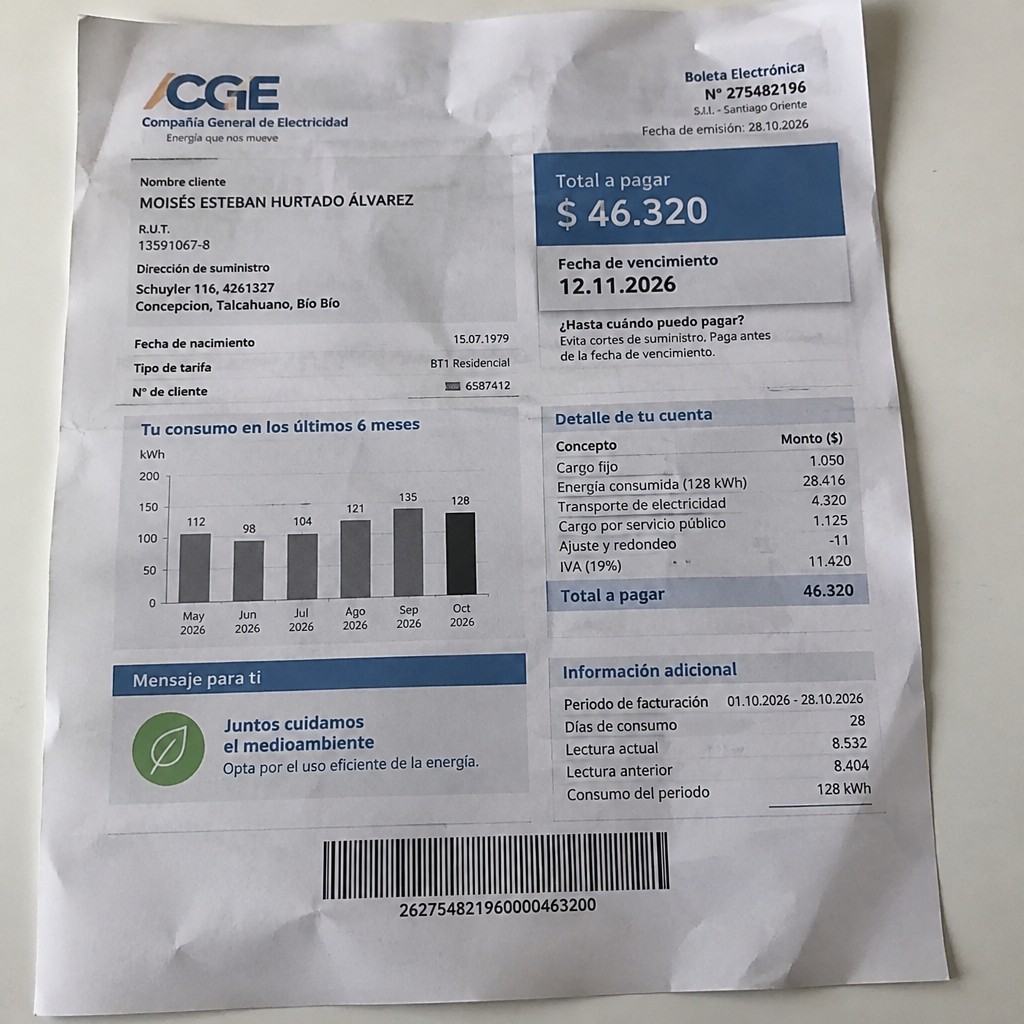 Create a statement, an electricity bill in CHILE. The A4 statement should be realistic, as if it were photographed on a phone. The document should be on a white background. The document must be for the last 3 months of October 2026. The document should contain several transactions and be wrinkled at the edges.
Name MOISÉS ESTEBAN HURTADO ÁLVAREZ
Address Schuyler 116, 4261327 Concepcion, Talcahuano, Bío Bío
R.U.T. 13591067-8
Date of birth 15.07.1979
Date of discharge 28
.10.2026 (OCTOBER 2026)