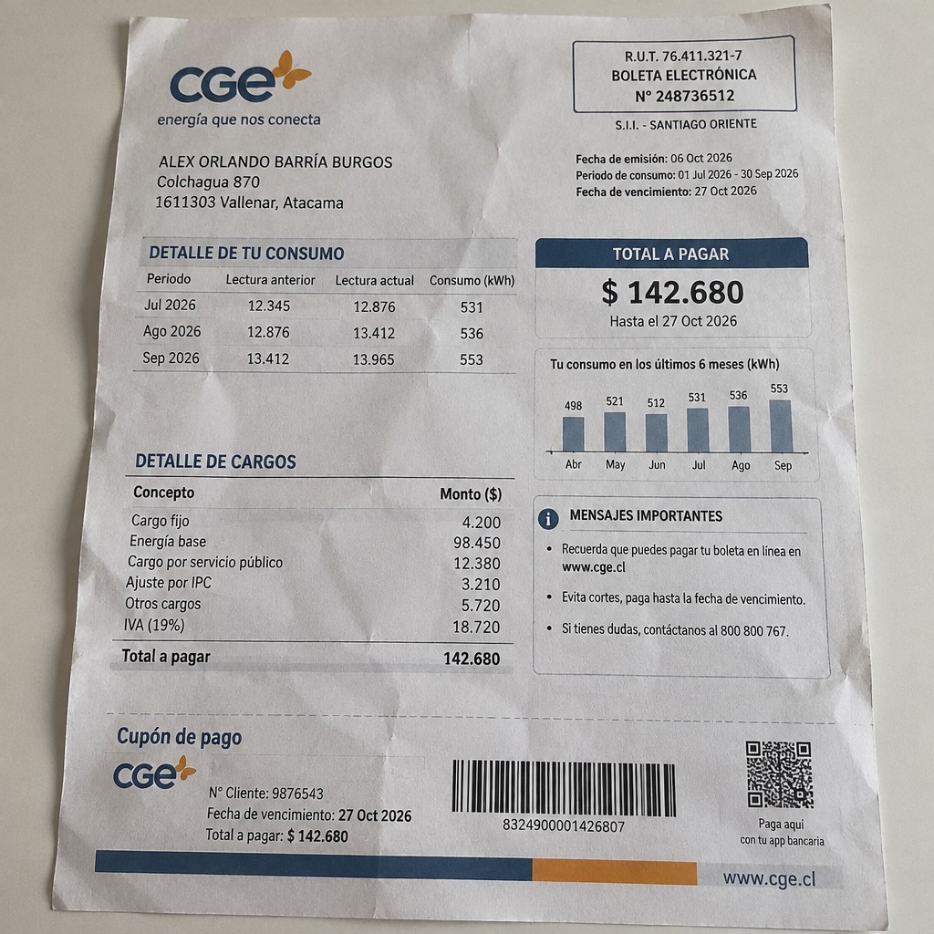 Create a statement, an electricity bill in CHILE. The A4 statement should be realistic, as if it were photographed on a phone. The document should be on a white background. The document must be for the last 3 months of October 2026. The document should contain several transactions and be wrinkled at the edges.
Name ALEX ORLANDO BARRÍA BURGOS
Address Colchagua 870, 1611303 Vallenar, Atacama
R.U.T. 12338325-7
Date of birth 11.03.1973