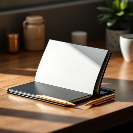 mockup design, Create a stylish mockup featuring a sleek black notebook positioned open on a wooden countertop. Surround the notebook with elegant gold pens, their shiny surfaces reflecting light. Include soft, natural lighting to enhance the ambiance, and add subtle decorative elements like a small plant or a coffee cup in the background.