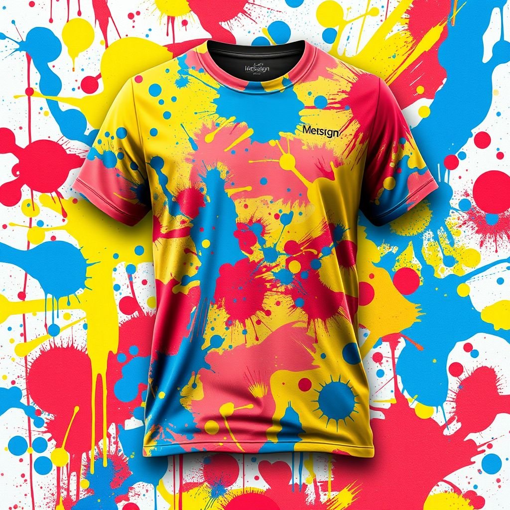 mockup design, Design a vibrant T-shirt featuring an artistic paint splatter effect. Use a playful color palette with bright blues, yellows, and reds, creating dynamic swirls and random drips across the fabric. Incorporate artistic textures and layering techniques to evoke a sense of creativity, appealing to modern art enthusiasts and casual wearers alike.