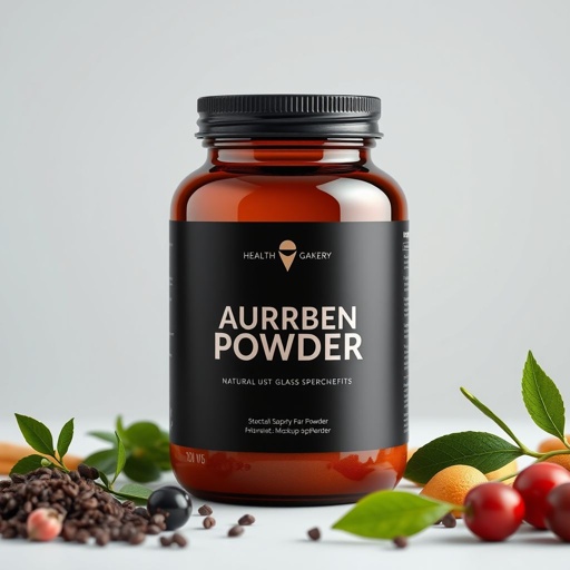 mockup design, Create a mockup design featuring an amber glass jar for supplement powder. The jar should have a sleek, modern silhouette, adorned with a matte black label showcasing minimalist typography. Include a gold foil accent for an upscale touch. Surround the jar with natural ingredients like herbs and fruits to emphasize health benefits.