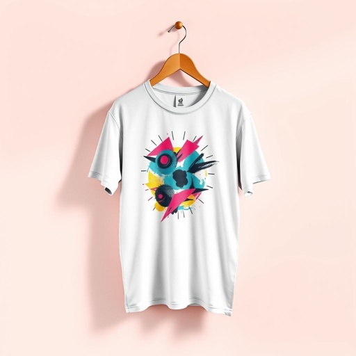 mockup design, Design a minimalistic mockup featuring a stylish T-shirt hanging on a wooden hanger against a soft pastel backdrop. The shirt displays a vibrant, eye-catching graphic print. Include subtle shadows for depth and texture, and place a small tag with a logo on the hanger for branding. Highlight trendy streetwear aesthetics.
