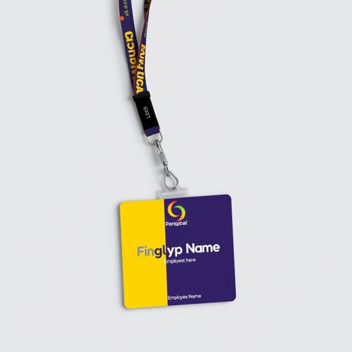 mockup design, Design a modern name tag with a sleek, minimalist aesthetic, featuring a prominent logo at the top. Incorporate a vibrant color scheme that enhances visibility. The lanyard should be adjustable, made of durable fabric, and showcase a complementary pattern. Include space for employee name and job title, ensuring easy readability.