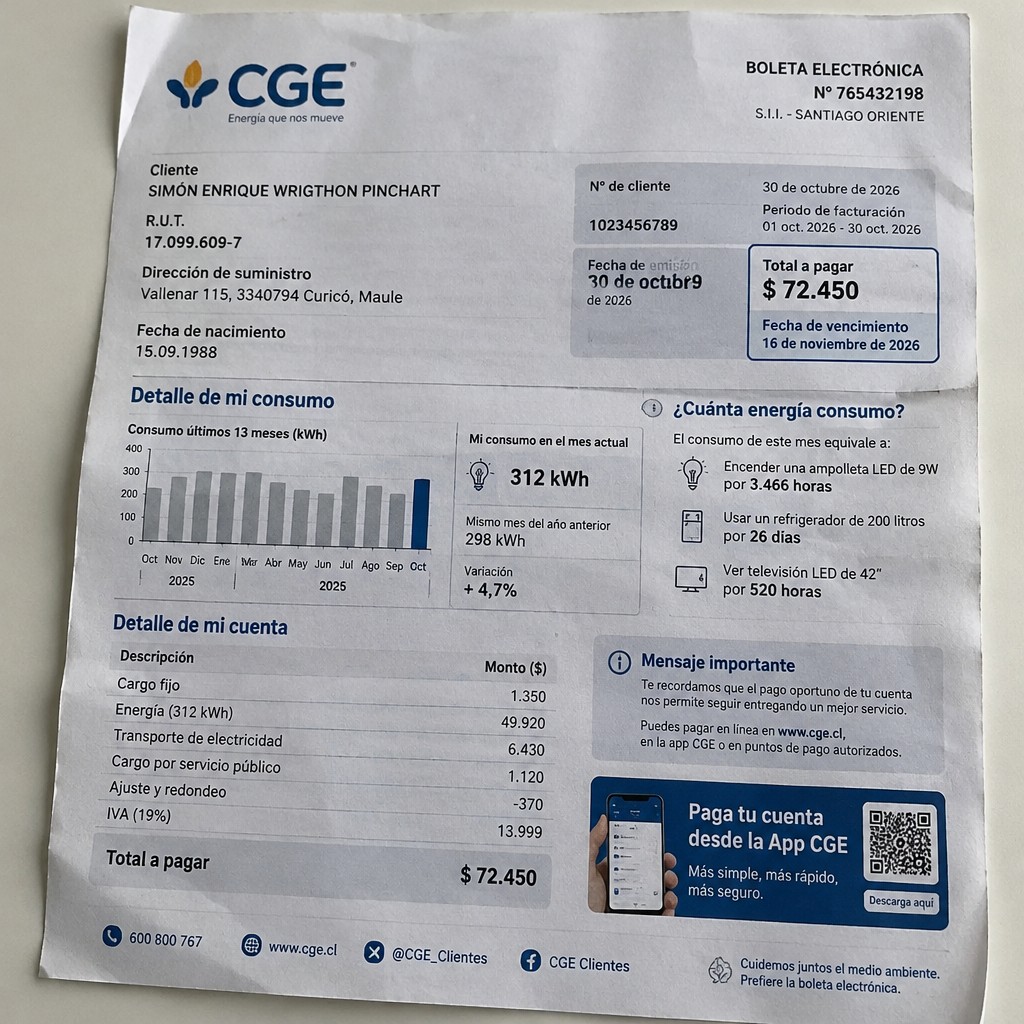 Create a statement, an electricity bill in CHILE. The A4 statement should be realistic, as if it were photographed on a phone. The document should be on a white background. The document must be for the last 3 months of October 2026. The document should contain several transactions and be wrinkled at the edges.
Name SIMÓN ENRIQUE WRIGTHON PINCHART
Address Vallenar 115, 3340794 Curicó, Maule
R.U.T. 17099609-7
Date of birth 15.09.1988
Date of discharge 30.10.2026 (OCTOBER 2026)