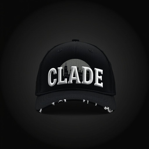 mockup design, Design a black baseball hat featuring the brand name "CLADE" prominently embroidered on the front. Behind the lettering, incorporate a circular city skyline as a subtle background, symbolizing urban lifestyle. Add stylish rips along the lip of the hat for a rugged, streetwear vibe. Perfect for trendy individuals.
