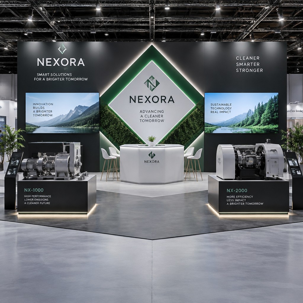 Photorealistic product mockup of a exhibition stand, professional studio lighting, clean modern scene
It should have a backwall with tvs a diamond shape in the middle with an island and chairs, and in the front half two machinery displays