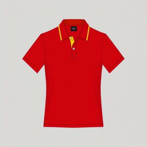 mockup design, Design a sleek polo shirt featuring a 2.5-inch collar in a vibrant red fabric. Accentuate the collar with elegant gold or eye-catching yellow trim for a stylish contrast. The shirt should have a modern fit, short sleeves, and a subtly embroidered logo on the chest, perfect for casual outings or sporty events.