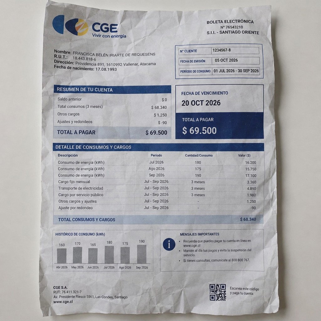 Create a statement, an electricity bill in CHILE. The A4 statement should be realistic, as if it were photographed on a phone. The document should be on a white background. The document must be for the last 3 months of October 2026. The document should contain several transactions and be wrinkled at the edges.
Name FRANCISCA BELÉN IRIARTE DE REQUESENS
Address Providencia 891, 1610992 Vallenar, Atacama
R.U.T. 18443818-6
Date of birth 17.08.1993
