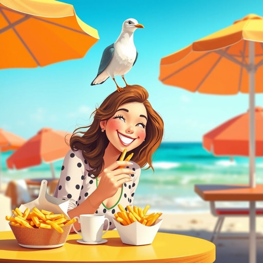 mockup design, A whimsical scene featuring a cheerful woman sitting at a seaside cafe, indulging in golden, crispy French fries. A playful seagull perches on her head, eyeing her snack with curiosity. The background includes beach umbrellas and gentle waves, creating a lighthearted, summery vibe in vibrant colors and cheerful details.