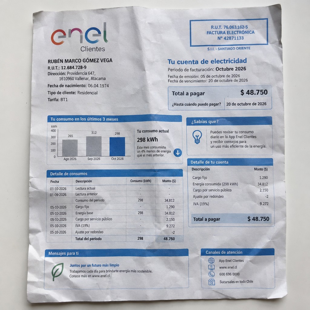 Create a statement, an electricity bill in CHILE. The A4 statement should be realistic, as if it were photographed on a phone. The document should be on a white background. The document must be for the last 3 months of October 2026. The document should contain several transactions and be wrinkled at the edges.
Name RUBÉN MARCO GÓMEZ VEGA
Address Providencia 647, 1610960 Vallenar, Atacama
R.U.T. 12684728-9
Date of birth 06.04.1974