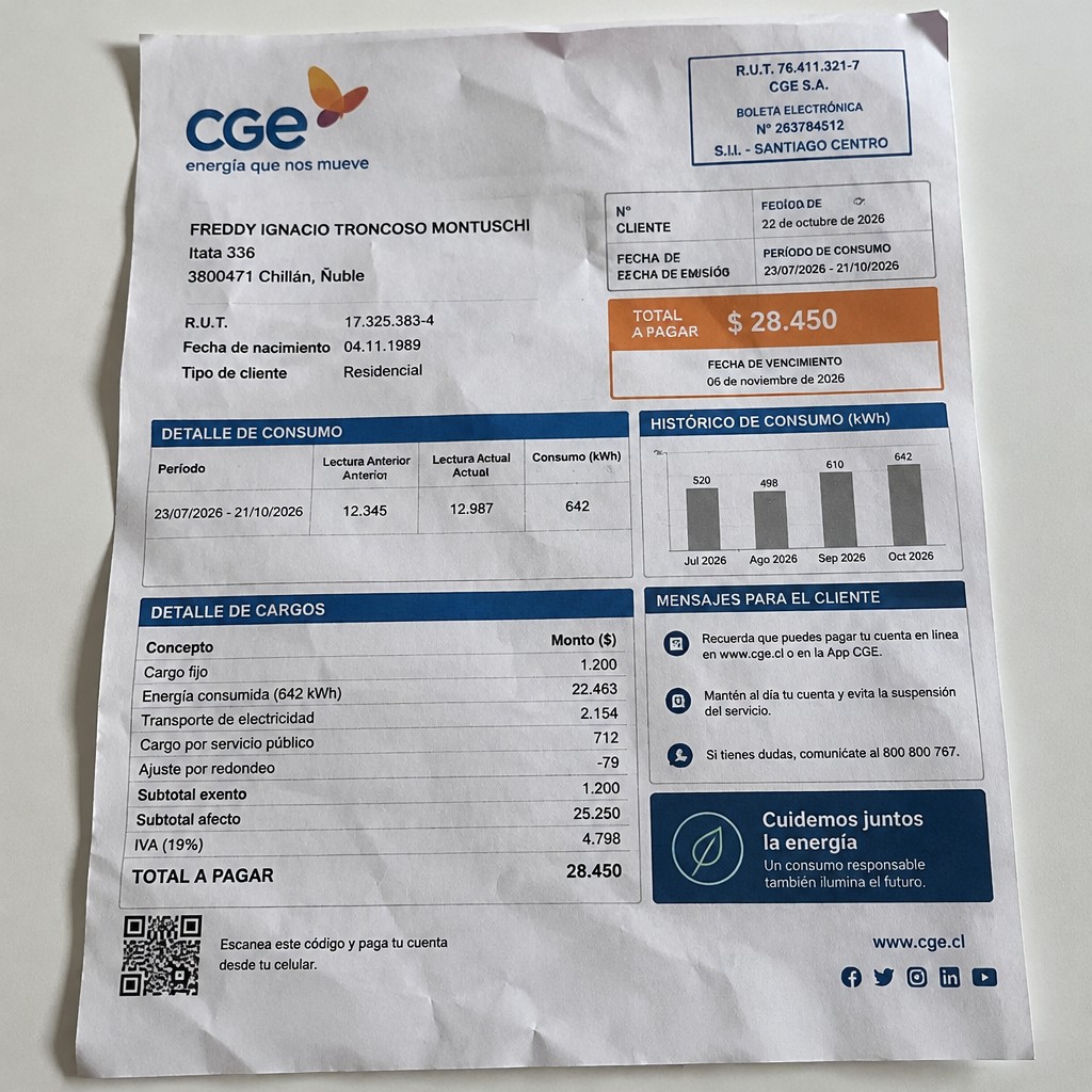 Create a statement, an electricity bill in CHILE. The A4 statement should be realistic, as if it were photographed on a phone. The document should be on a white background. The document must be for the last 3 months of October 2026. The document should contain several transactions and be wrinkled at the edges.
Name FREDDY IGNACIO TRONCOSO MONTUSCHI
Address Itata 336, 3800471 Chillán, Ñuble
R.U.T. 17325383-4
Date of birth 04.11.1989
Date of discharge 22.10.2026 (OCTOBER 2026)