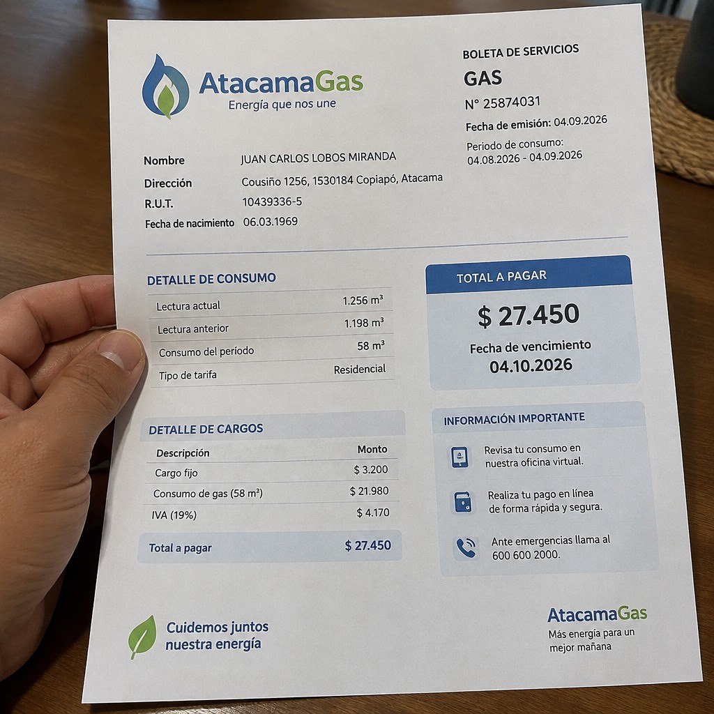Create any statement containing the data. these can be statements such as : HOUSING AND COMMUNAL SERVICES , GAS A4 format the statement should be realistic, as if it were photographed on a phone. The statement is on the same background.
Name JUAN CARLOS LOBOS MIRANDA
Address
Cousiño 1256, 1530184 Copiapó, Atacama
R.U.T. 10439336-5
Date of birth 06.03.1969
Date of discharge 04.10.2026 (OCTOBER 2026)