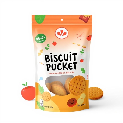 mockup design, Design an eye-catching biscuits pouch that features a vibrant, playful design, incorporating a transparent window shaped like a biscuit. The packaging should highlight natural ingredients with earthy tones, complemented by whimsical illustrations of biscuits and flavor elements. Include a resealable zipper for convenience and a playful logo at the top.