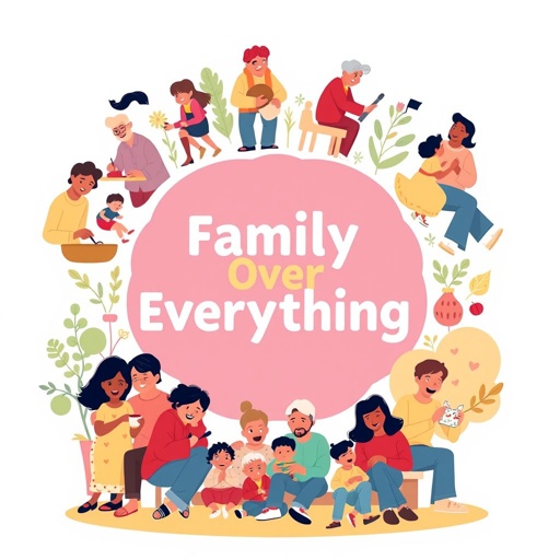 mockup design, Create a heartwarming mockup design featuring the phrase "Family Over Everything" prominently in the center. Surround it with vibrant illustrations of diverse family members sharing joyful moments, such as cooking together, playing in a park, and enjoying movie nights. Use a warm color palette to evoke love and togetherness.