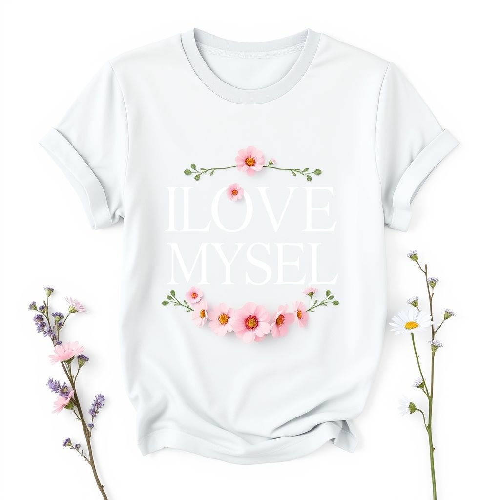 mockup design, Create a stylish t-shirt mockup featuring the empowering quote "ILOVE MYSELF" in elegant, cursive typography. Surround the text with delicate pastel-colored flowers like soft pink roses, lavender sprigs, and baby blue daisies. The shirt should have a relaxed fit, set against a clean, minimalist background to enhance the design’s charm.
