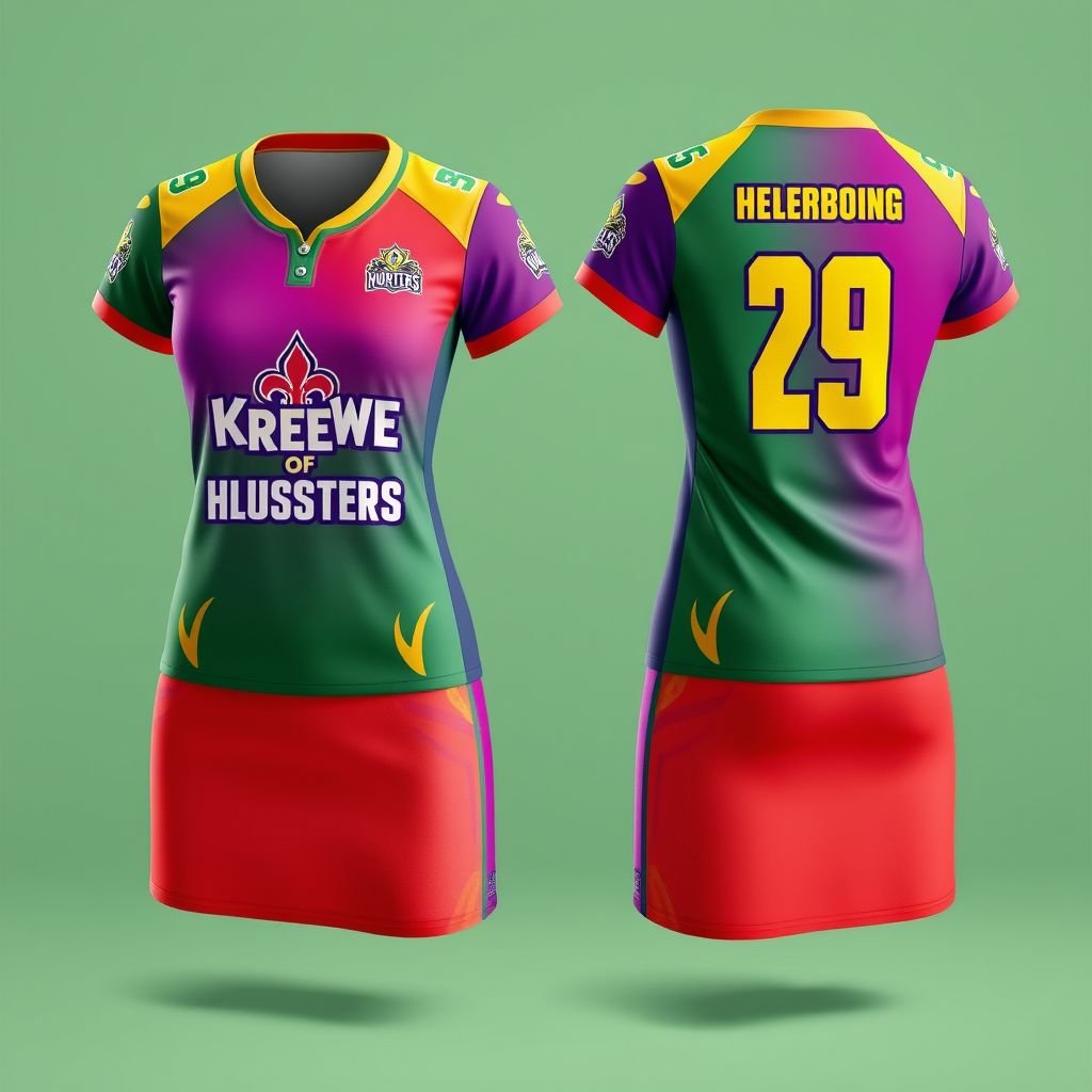 mockup design, Design a vibrant and stylish women's jersey mockup for Krewe of Hustlers, featuring bold graphics and the team's logo prominently displayed. The jersey should incorporate festive colors that reflect the spirit of celebration, with breathable fabric textures, a flattering cut, and unique details like embroidery and custom lettering for personalization.