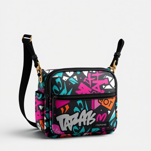 mockup design, Design a trendy crossbody streetwear style bag featuring bold graphic patterns and an adjustable strap for comfort. The bag should incorporate vibrant colors and urban-inspired elements, such as graffiti motifs and reflective materials. Include functional pockets for essentials, a modern silhouette, and an eye-catching logo to appeal to fashion-forward individuals.