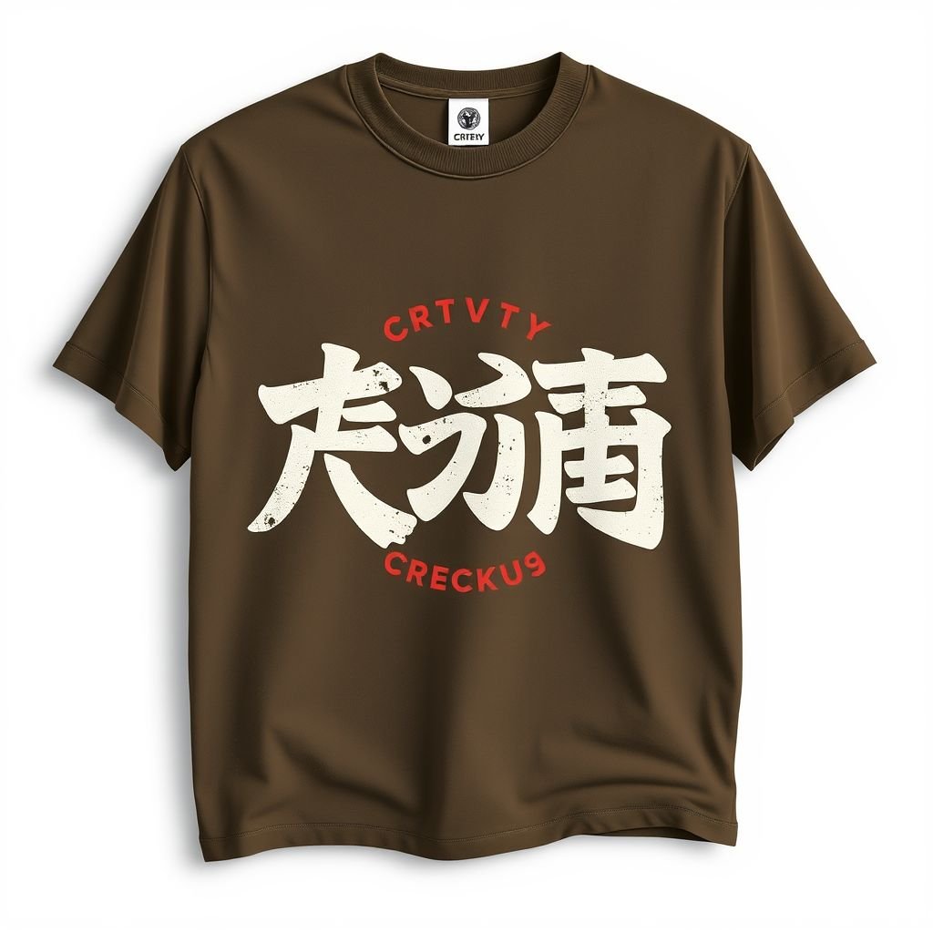 mockup design, Design a stylish men's t-shirt featuring a bold CRTVTY logo artistically translated into Japanese. The shirt should have a relaxed fit with a vintage aesthetic, showcasing a distressed texture. Use a muted color palette, combining earthy tones for the fabric and logo to create a unique, urban vibe suitable for casual wear.