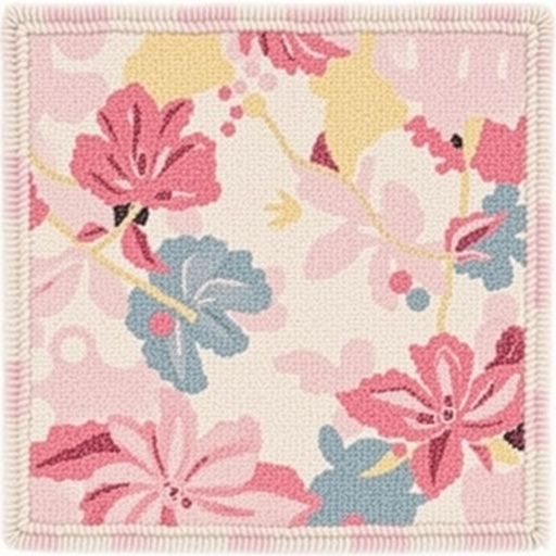 A rectangular rug showcasing an abstract pattern blooms in soft pastel colors—gentle pinks, muted blues, and pale yellows intertwine. Wool material boasts a rich, looped texture, creating a tactile feel. Surrounding the vibrant design, a textured border style contrasts with smooth edges, harmonizing the entire composition into a cozy masterpiece.