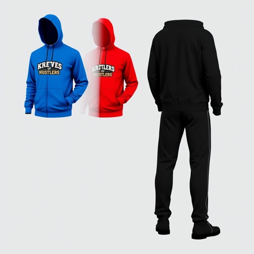 mockup design, Create a stylish jogger suit featuring the "Krewe of Hustlers" logo prominently on the chest. The design should be a unisex fit, suitable for both adults and youth. Offer the suit in three vibrant colors: electric blue, bold red, and classic black. Include matching jogger pants with elastic cuffs.
