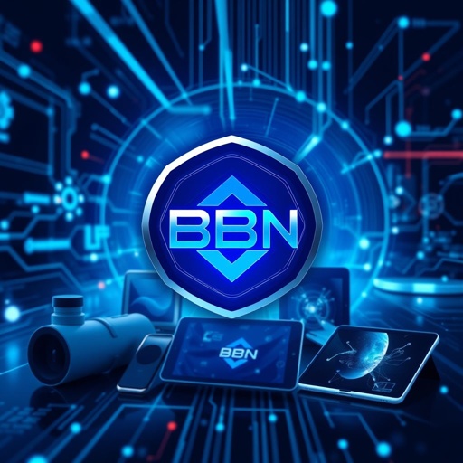 mockup design, Create a sleek mockup design for "BBN," a futuristic tech brand. The design should feature a minimalist logo with geometric shapes, a vibrant color palette of electric blue and silver, and a stylish, modern font. Incorporate product images, such as smart devices, on a dynamic digital background showcasing innovation and connectivity.