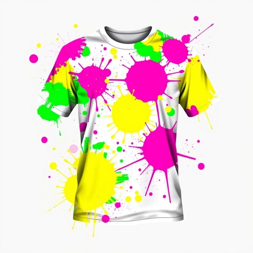 mockup design, Create a vibrant mockup design of a T-shirt covered in large splashes of neon paint. The shirt features a dynamic blend of colors such as electric pink, bright green, and luminous yellow, creating an eye-catching, artsy look. The splatters are randomly arranged for a free-spirited, expressive vibe.