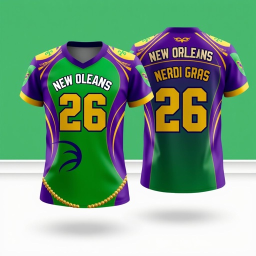 mockup design, Create a vibrant unisex jersey design for both adults and youth featuring a lively Mardi Gras theme. The jersey should showcase bold colors like purple, green, and gold. Prominently display the number "26" on both the front and back, with "NEW ORLEANS" on the back and "KREWE OF HUSTLERS" above "MARDI GRAS" on the front. Incorporate festive patterns, masks, and beads for added flair.