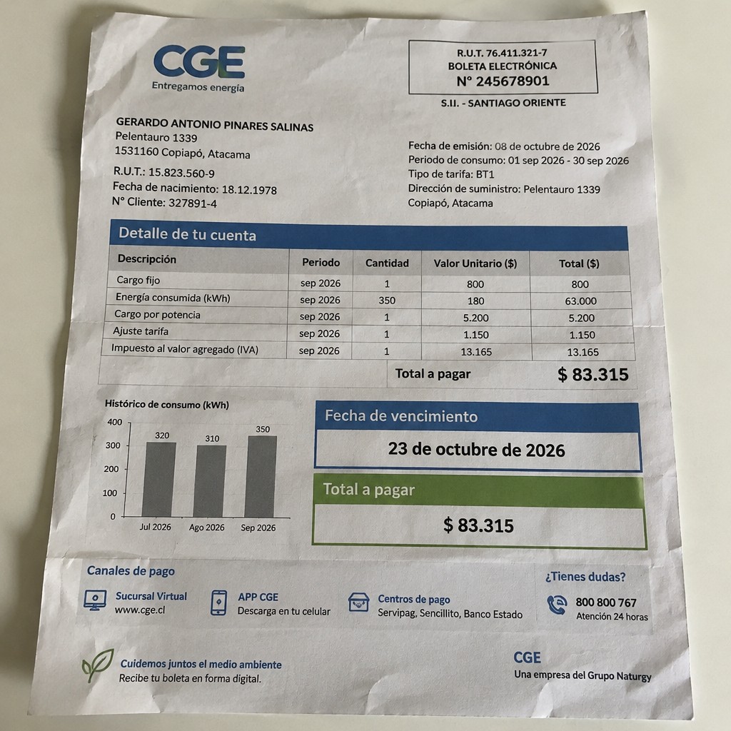 Create a statement, an electricity bill in CHILE. The A4 statement should be realistic, as if it were photographed on a phone. The document should be on a white background. The document must be for the last 3 months of October 2026. The document should contain several transactions and be wrinkled at the edges.
Name GERARDO ANTONIO PINARES SALINAS
Address Pelentauro 1339, 1531160 Copiapó, Atacama
R.U.T. 15823560-9
Date of birth 18.12.1978