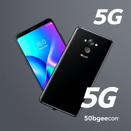 An LG smartphone, sleek design, glossy black finish. A 6.0-inch vibrant display, nestled within a resilient plastic frame. A powerful 20 MP camera glints on the back. Below, a dependable 4000 mAh battery ensures longevity. Tizen operating system, promising efficiency. Bold "5G" logo, symbolizing fast connectivity. Budget-friendly allure.