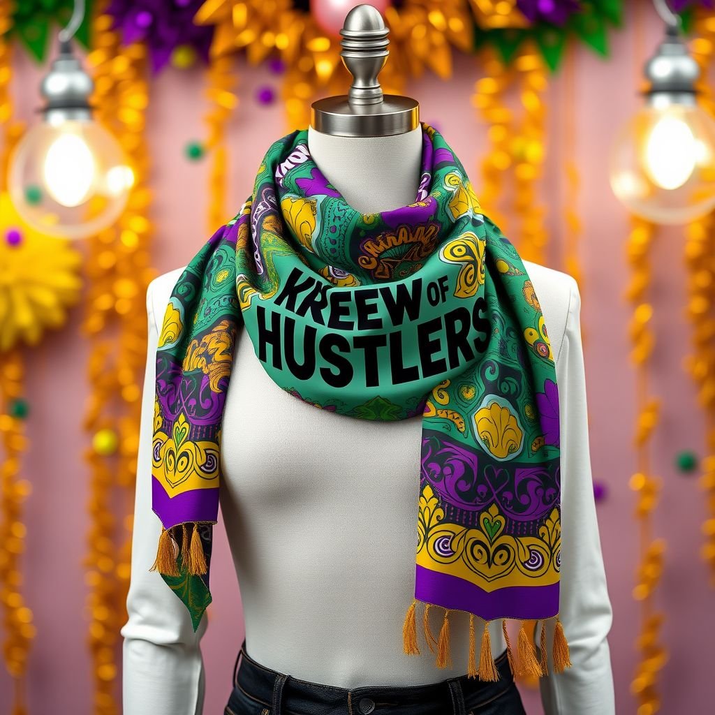 mockup design, Design a vibrant mockup for the "Krewe Of Hustlers" scarf, featuring bold colors and intricate patterns inspired by Mardi Gras. Incorporate elements like confetti, musical notes, and urban motifs to reflect the lively spirit of the krewe. Showcase the design wrapped elegantly around a trendy mannequin against a festive backdrop.
