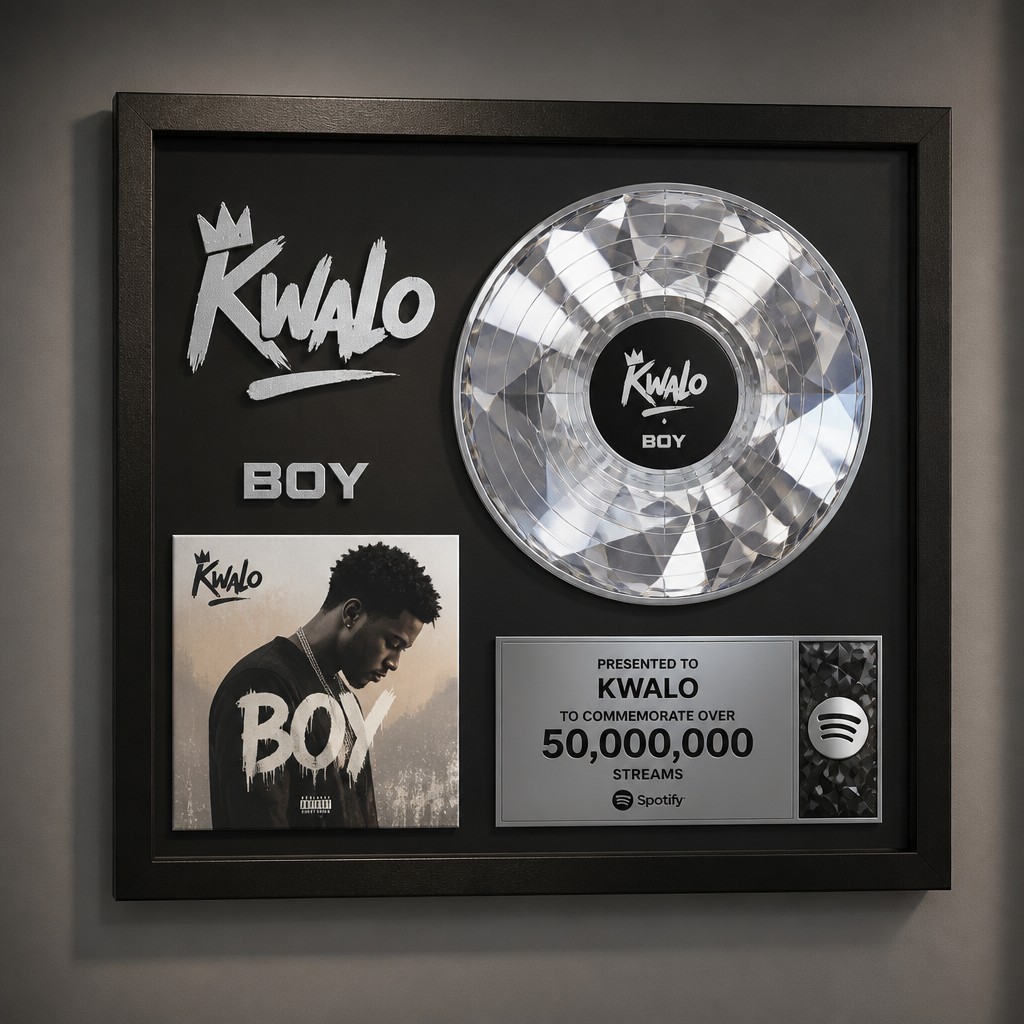Custom diamond music award plaque for artist Kwalo, song title “BOY”, 50,000,000 streams, black matte frame, diamond record, Kwalo logo, album cover artwork, engraved metal plate, luxury music industry award, professional studio display, ultra realistic, premium design, photorealistic, high detail