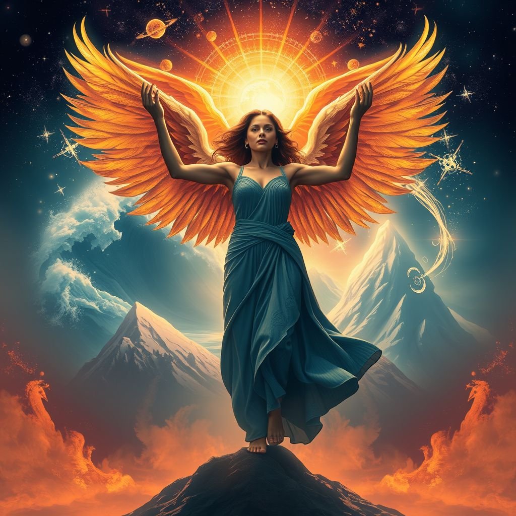 mockup design, Create a captivating mockup design featuring a powerful woman at the center, embodying resilience and strength. In her graceful stance, she carries the universe like wings. Behind her, illustrate a dynamic riptide, a cascading avalanche, and a majestic phoenix, symbolizing transformation and overcoming adversity, all illuminated by a cosmic glow.