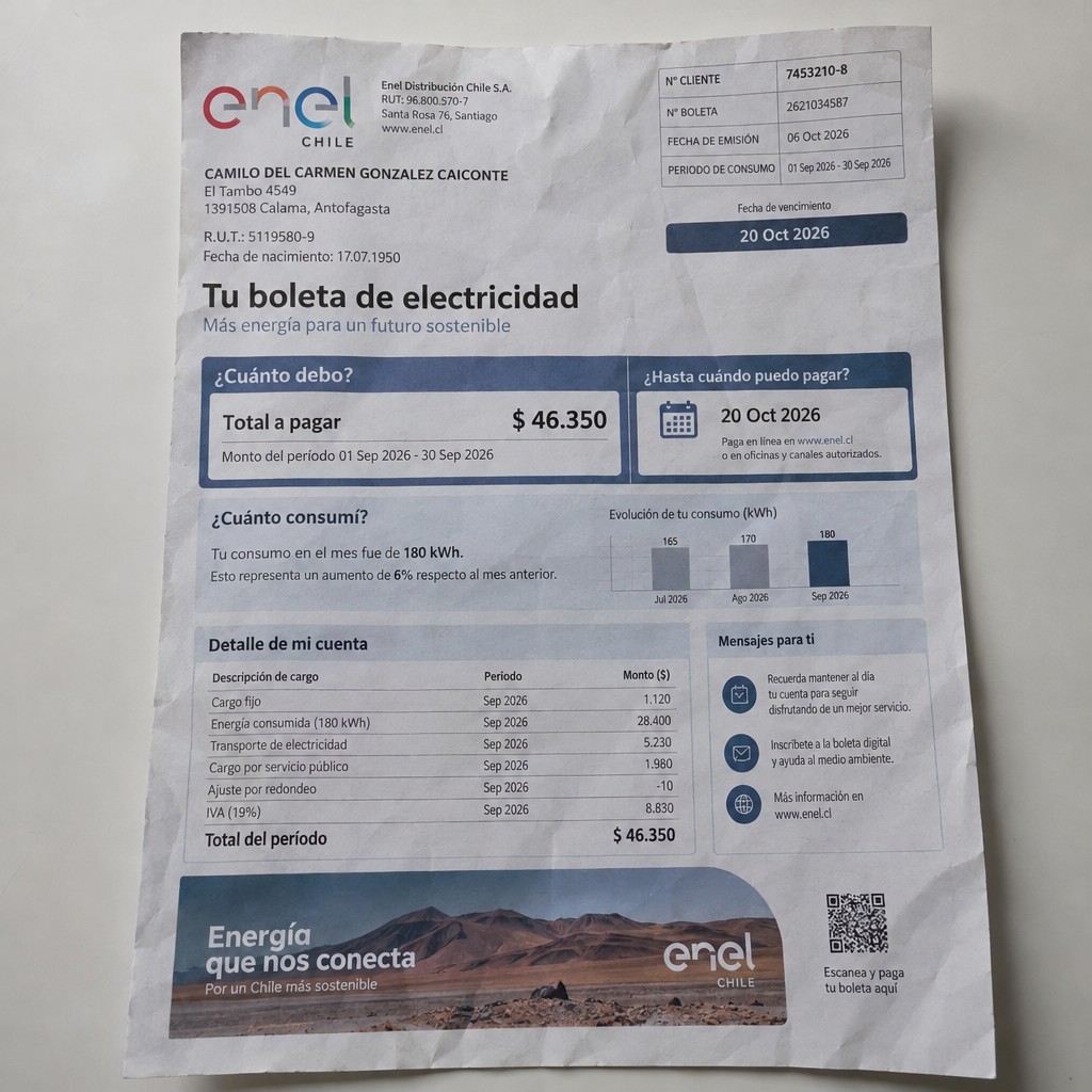 Create a statement, an electricity bill in CHILE. The A4 statement should be realistic, as if it were photographed on a phone. The document should be on a white background. The document must be for the last 3 months of October 2026. The document should contain several transactions and be wrinkled at the edges.
Name CAMILO DEL CARMEN GONZALEZ CAICONTE
Address El Tambo 4549, 1391508 Calama, Antofagasta
R.U.T. 5119580-9
Date of birth 17.07.1950