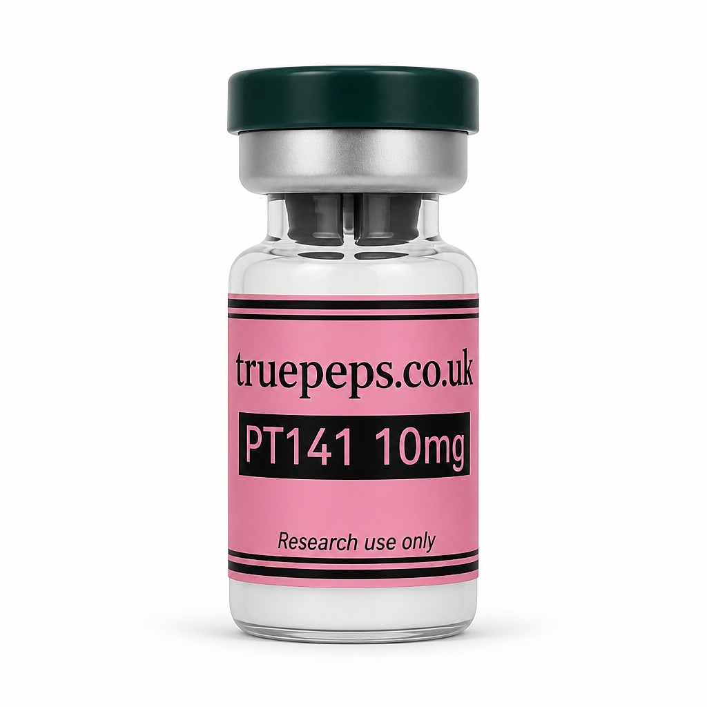 Recreate the exact glass pharmaceutical vial shown in the reference image, with no design changes whatsoever — same dark green flip-off cap, same silver crimp collar, same clear glass vial, same pink label with black double-line border. Label text must match exactly: "truepeps.co.uk" at the top, a black bar containing "PT141 10mg" in pink text, and "Research use only" in small italic text at the bottom. Do not alter colors, wording, logo, or label layout in any way.
Reframe only: center the vial upright in the middle of the frame, straight-on eye-level angle, full label facing camera and fully legible with no text cut off. Place on a seamless pure white studio background. Soft, even diffused studio lighting with no harsh glare on the glass or cap. Subtle soft realistic shadow directly beneath the vial. Sharp focus throughout, especially the label text. Professional e-commerce product photography style, high detail, 4K.