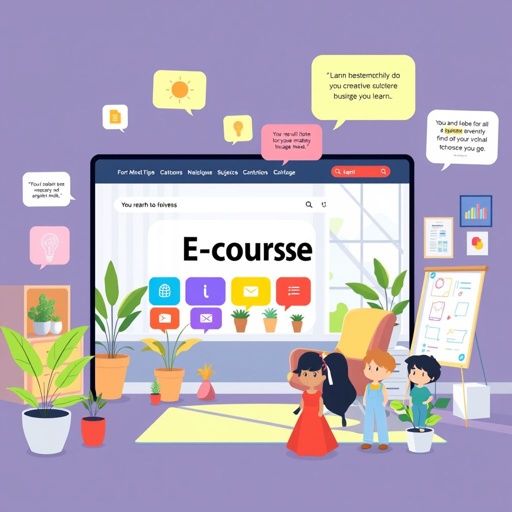 A vibrant digital e-course platform, sleek interface, colorful icons representing various subjects, floating text bubbles with engaging quotes, a peaceful home office setting with a cozy chair, sunlight streaming through a window, plants adorning the space, inspiration boards filled with creative ideas, and illustrated character avatars ready to learn.