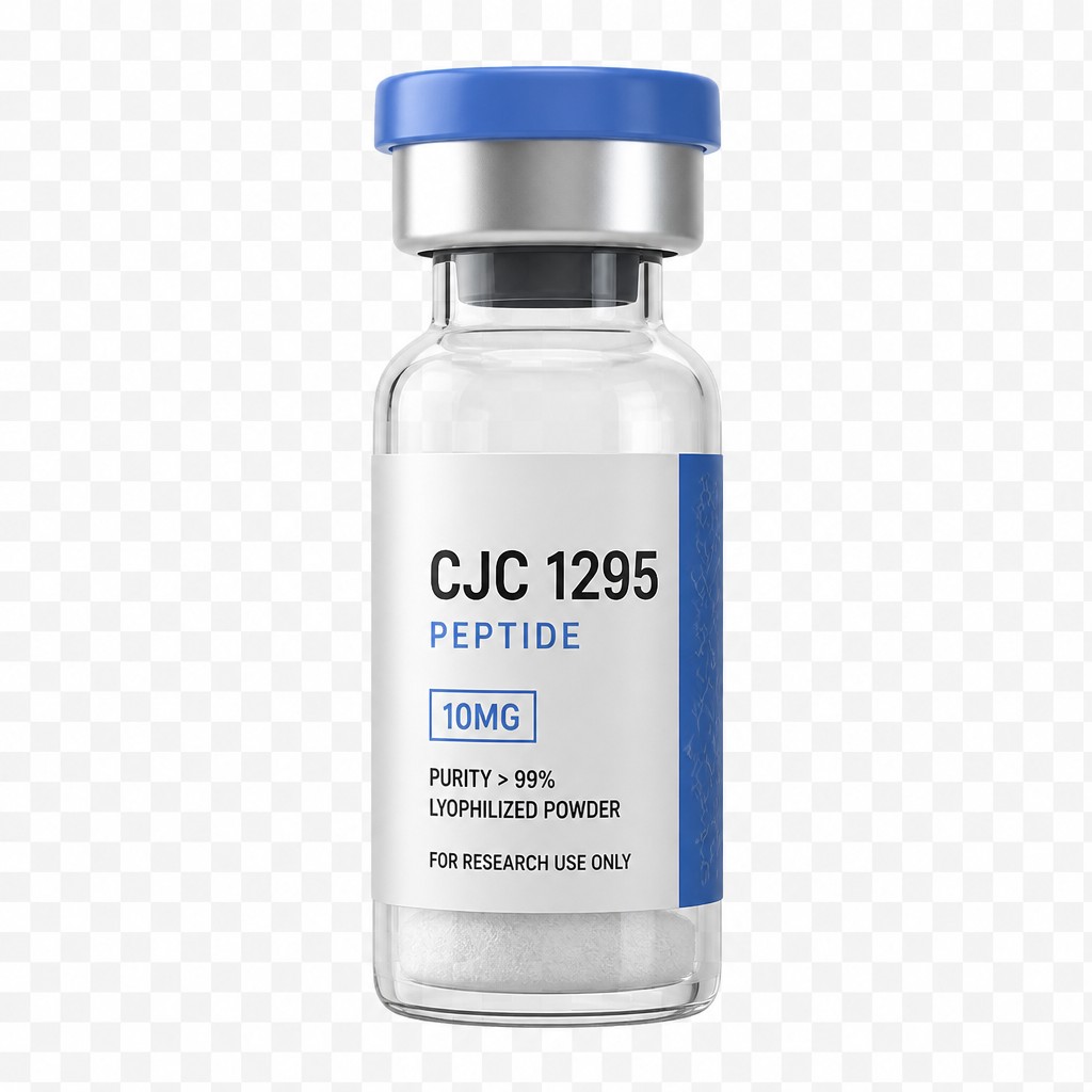 Photorealistic mockup of a 10ml glass peptide vial with a clean professional label and blue flip-off cap, on a laboratory bench, soft clinical lighting, shallow depth of field. Use transparent background and remove Nexgen branding
