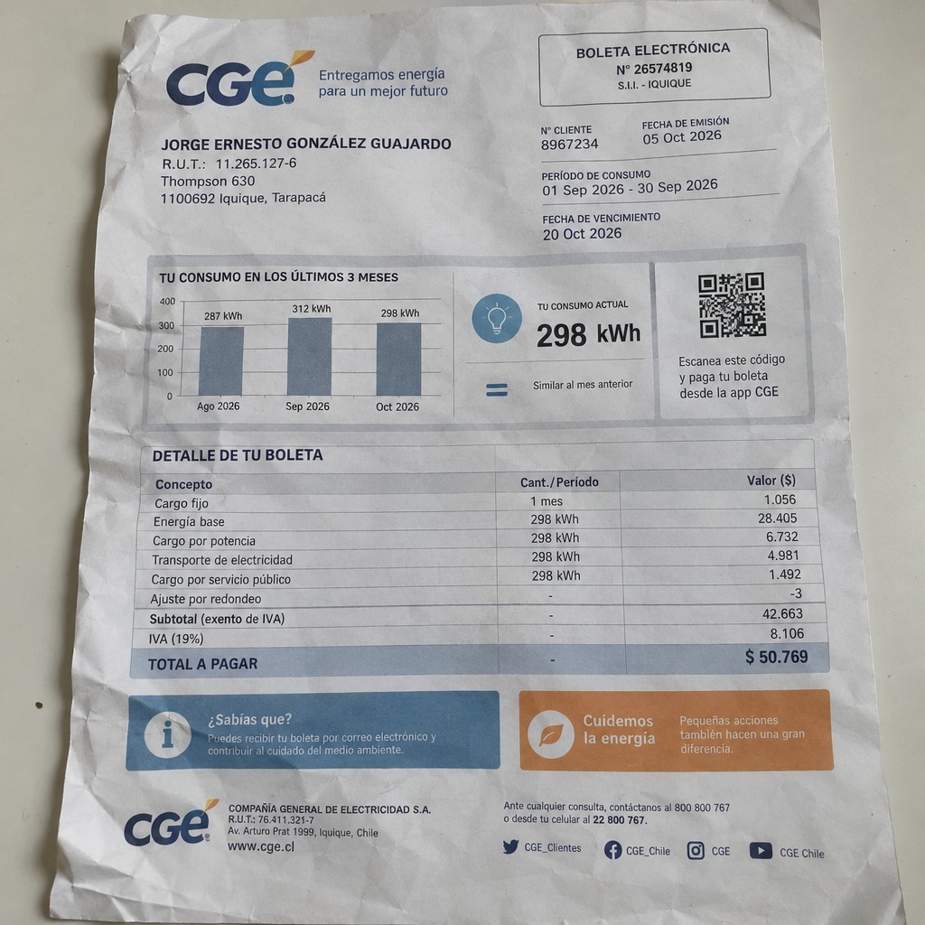 Create a statement, an electricity bill in CHILE. The A4 statement should be realistic, as if it were photographed on a phone. The document should be on a white background. The document must be for the last 3 months of October 2026. The document should contain several transactions and be wrinkled at the edges.
Name JORGE ERNESTO GONZÁLEZ GUAJARDO
Address Thompson 630, 1100692 Iquique, Tarapacá
R.U.T. 11265127-6
Date of birth 09.11.1968