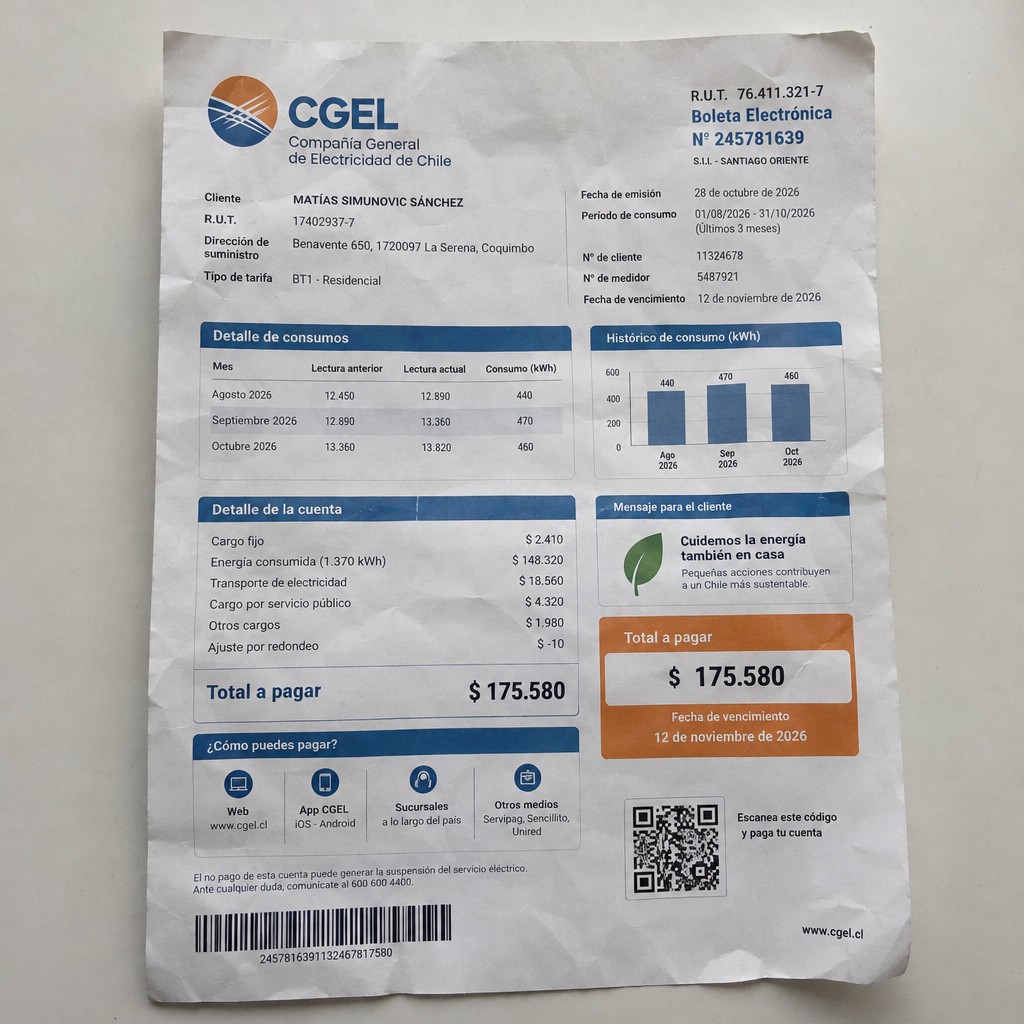 Create a statement, an electricity bill in CHILE. The A4 statement should be realistic, as if it were photographed on a phone. The document should be on a white background. The document must be for the last 3 months of October 2026. The document should contain several transactions and be wrinkled at the edges.
Name MATÍAS SIMUNOVIC SÁNCHEZ
Address Benavente 650, 1720097 La Serena, Coquimbo
R.U.T. 17402937-7
Date of birth 23.10.1989