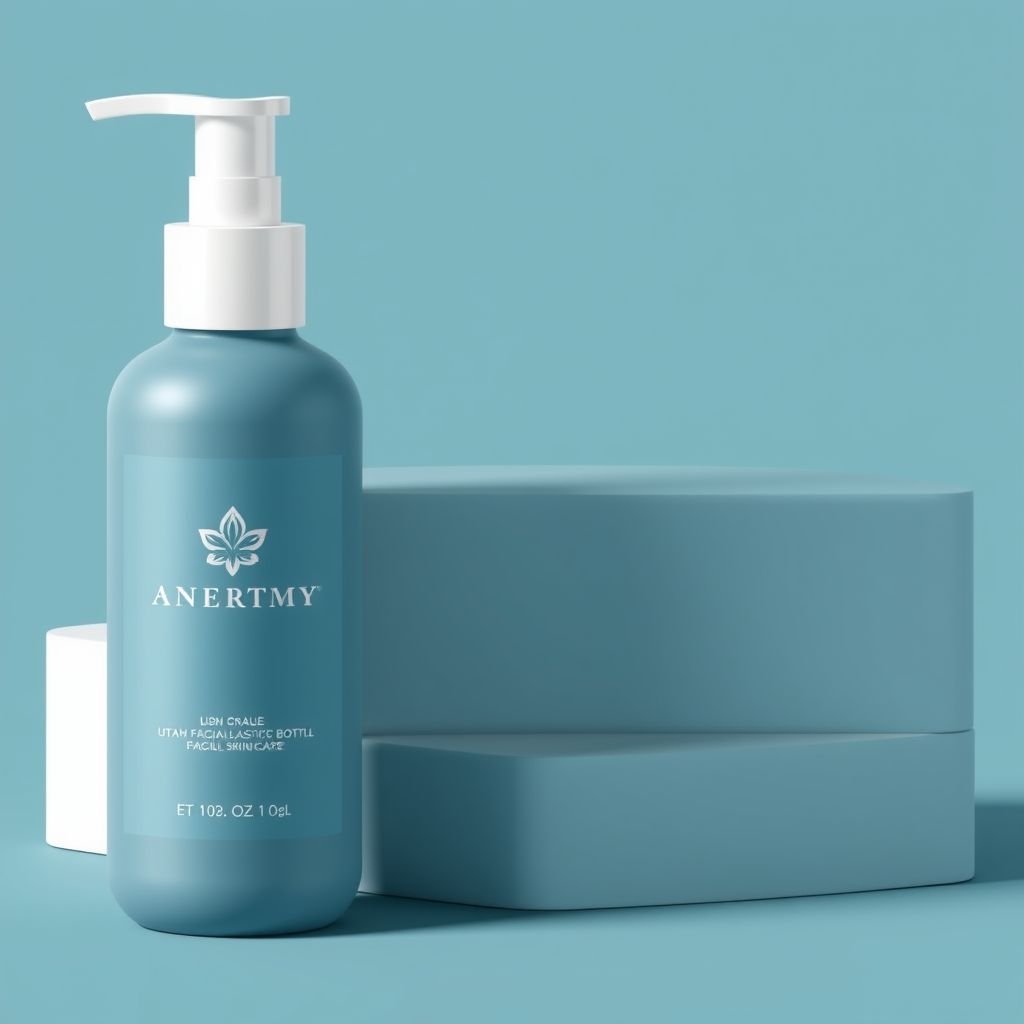 mockup design, Design a sleek, modern skin care bottle featuring the elegant logo from www.utahfacialplastics.com. The bottle should showcase a matte finish with a minimalist label, incorporating calming colors like soft blues and whites. Include a pump dispenser and a subtle pattern inspired by natural elements for a sophisticated, rejuvenating look.