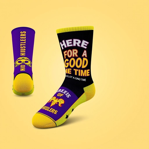mockup design, Create a vibrant mockup design for the Krewe Of Hustlers socks, integrating the rich color palette of Royal Purple, Electric Lime, Rich Gold, Black, and White. Showcase bold graphics that reflect New Orleans carnival culture, with fun patch designs and joyful elements, appealing to the energetic spirit of a unisex audience. The socks should embody celebration, style, and streetwear, featuring the catchy slogan "Here for a Good Time, Not a Long Time" in striking lettering. Add playful accents that resonate with both adults and kids, creating a must-have accessory for Mardi Gras festivities.