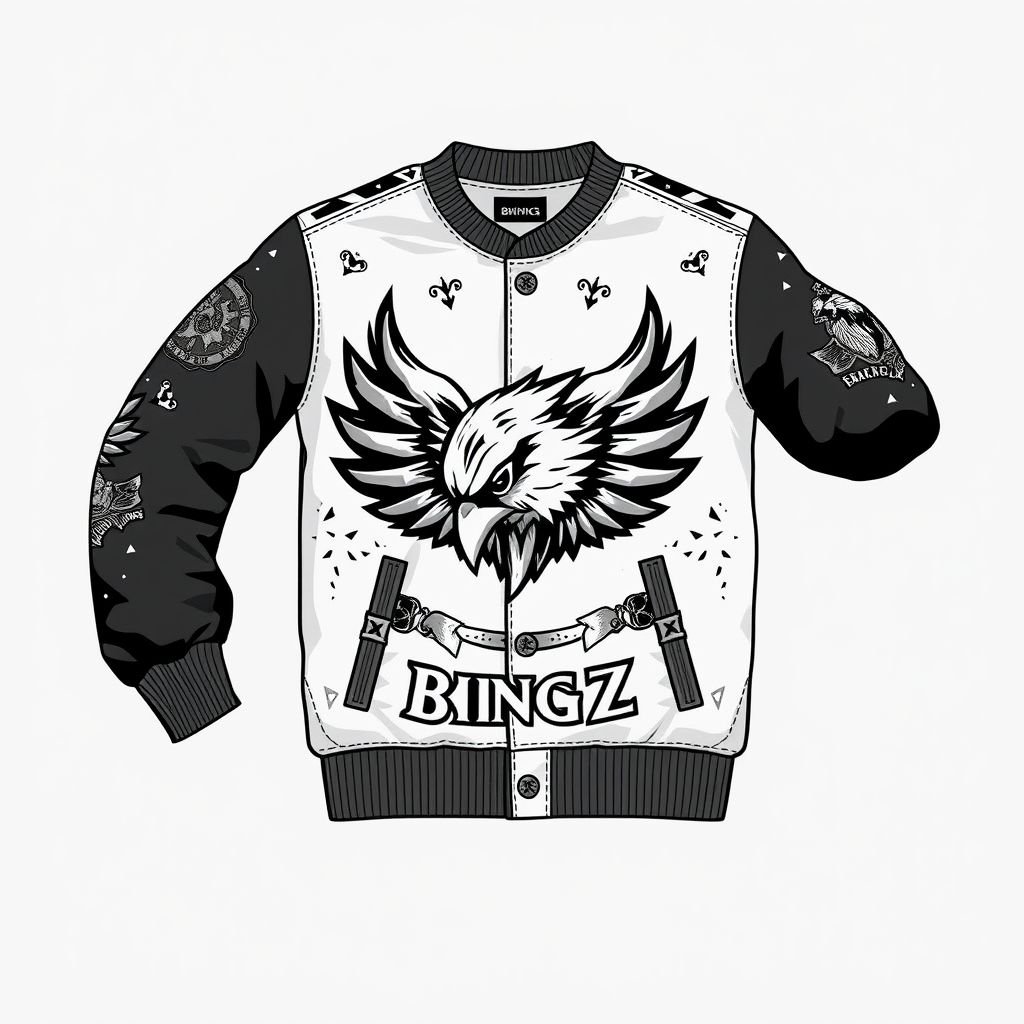mockup design, Design a mockup for BKINGZ, a bold luxury streetwear brand for young boys. Incorporate a prominent "Rook" motif as an emblem, showcasing it through intricate embroidery and patches. Feature one sleeve with an exaggerated overstitch and introduce a distressed royal insignia. Experiment with a "Broken Glass" pattern as a daring all-over print, and accent lines with emotional copy like “Built from Battle.” Include tactile hardware elements, like metal clasps, to enhance the edgy aesthetic while ensuring a relaxed, trendy fit, blending style with youthful rebellion.
