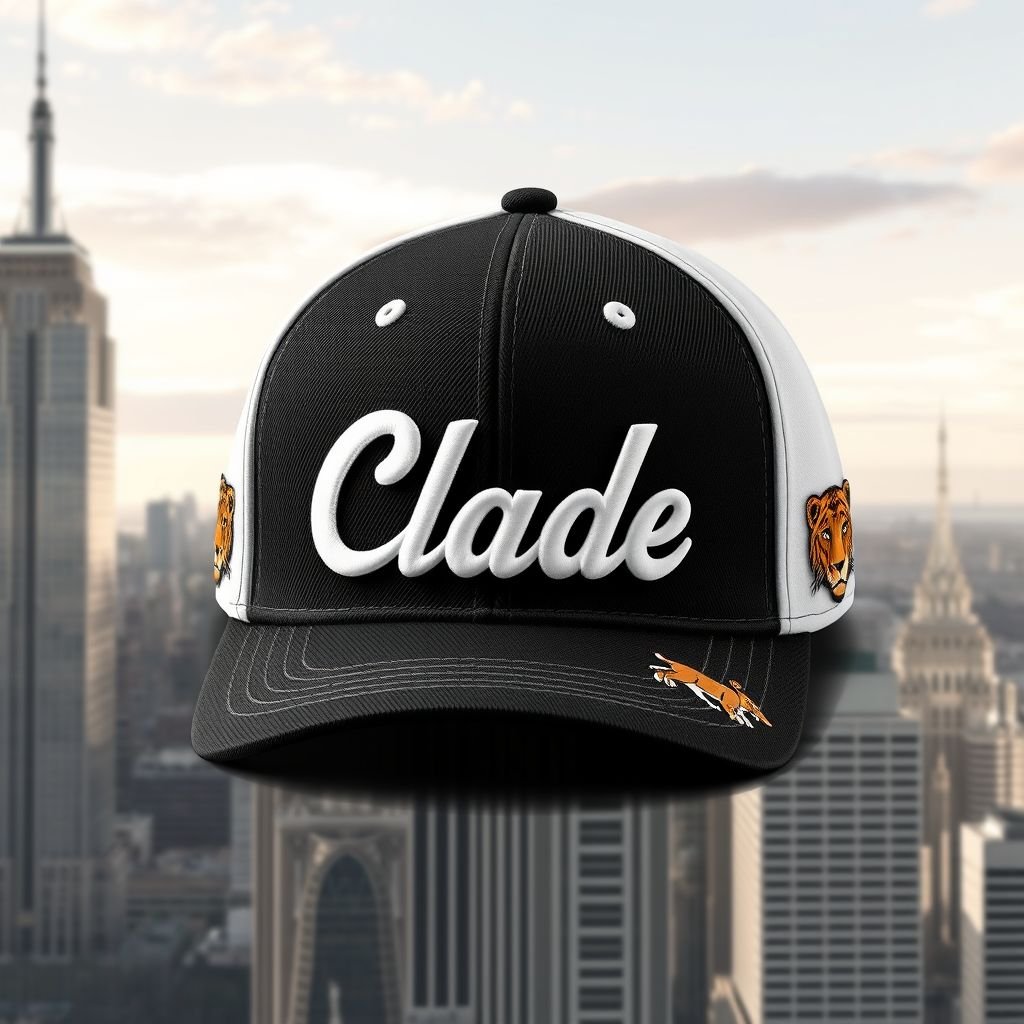mockup design, Design a stylish black and white baseball hat featuring the brand name "Clade" prominently embroidered across the front. The backdrop showcases a detailed city skyline, seamlessly blending into the design. Additionally, incorporate playful animal patches along the sides, adding a unique touch to this urban-inspired headwear accessory.