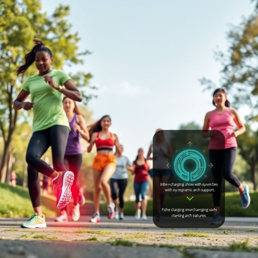 mockup design, Design a vibrant mockup featuring a diverse group of people engaged in a high-energy workout session, wearing innovative self-charging smart shoes with dynamic arch support. Animate elements like glowing shoe technology and interactive social features, showcasing camaraderie as participants share fitness goals and achievements in a lively outdoor park setting.
