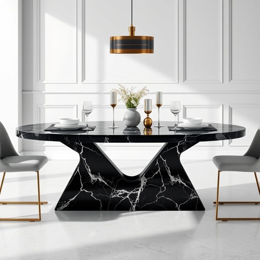 mockup design, Create a striking mockup design featuring a luxurious black marble table set in a modern dining room. Incorporate elegant dining accessories, soft ambient lighting, and subtle reflections on the marble surface. The background should be minimalistic to emphasize the table's texture, showcasing its sophistication and versatility for advertising premium home decor.