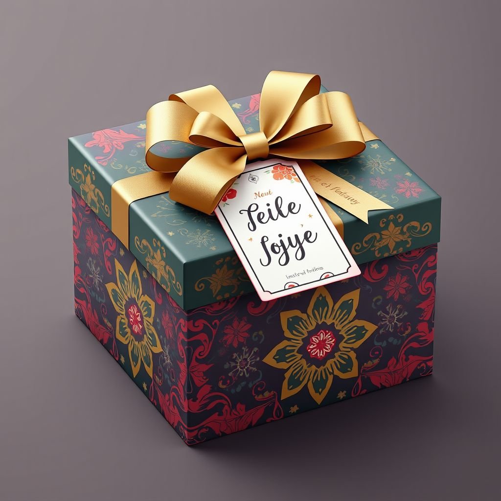mockup design, Design a festive "caja de regalos" (gift box) with intricate patterns and vibrant colors. Incorporate seasonal elements like snowflakes or flowers, depending on the occasion. The box should feature a beautifully tied ribbon, with hints of gold foil accents. Include an inviting tag that suggests warmth and celebration, evoking joy.