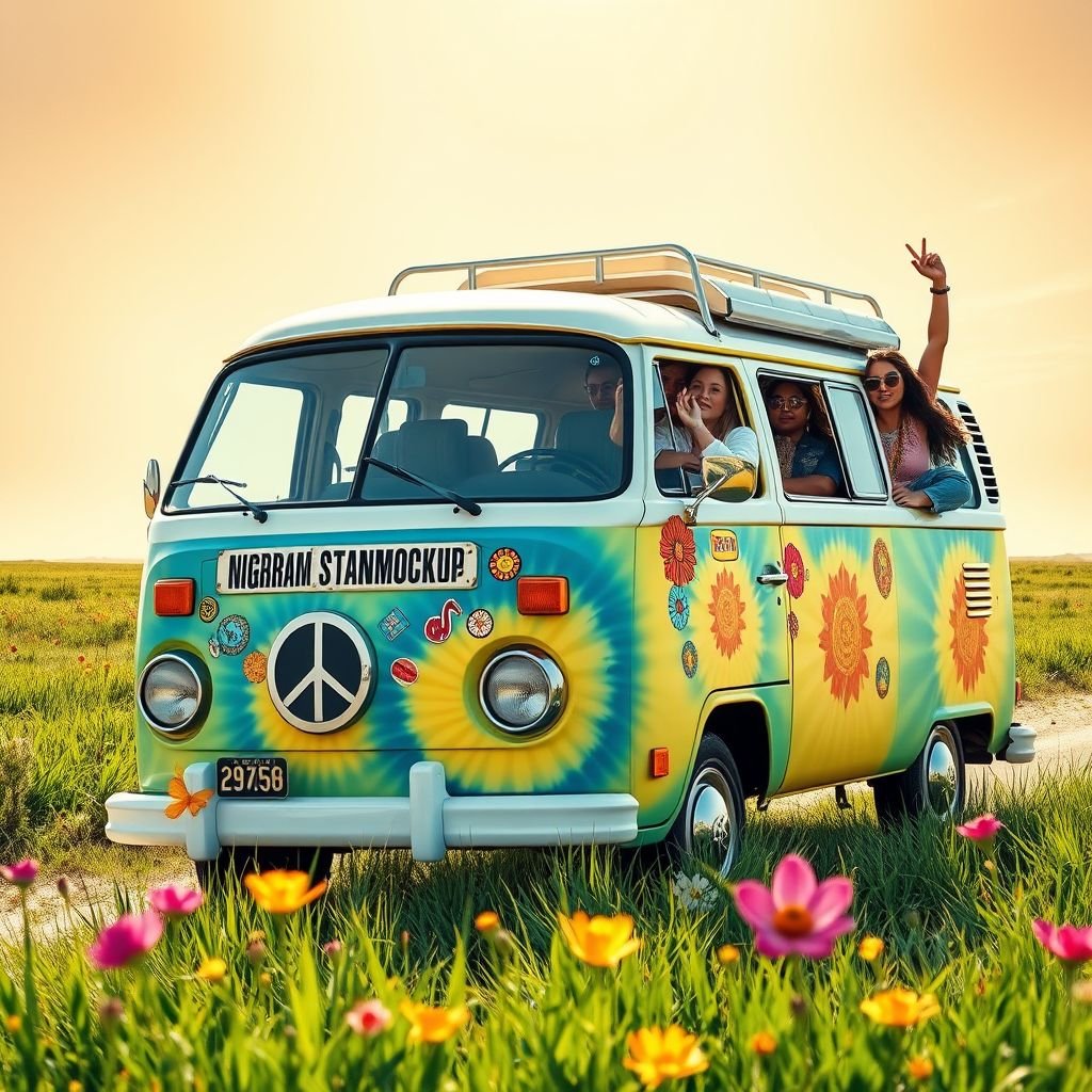 mockup design, Create a vibrant mockup design embodying the essence of hippie culture. Incorporate colorful tie-dye patterns, peace signs, and floral elements. Feature a retro van adorned with stickers driving through a lush, sunlit meadow. Surround it with diverse individuals wearing bohemian clothing, exuding joy, freedom, and a love for nature.