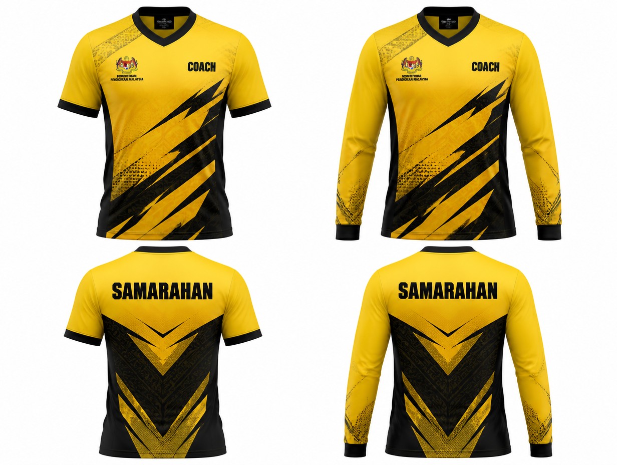 Design a professional sports jersey for a Malaysian education coach team.
Colour theme: Bright Yellow and Black.
Style: Modern, sporty, premium sublimation jersey.
Create TWO versions side by side:
1. Short-sleeve jersey
2. Long-sleeve jersey
FRONT DESIGN:
- Main colour yellow with dynamic black geometric patterns.
- Right chest: Official Malaysian Ministry of Education (Kementerian Pendidikan Malaysia) logo.
- Left chest: Bold text "COACH".
- Clean and professional layout suitable for teachers and coaches.
- Modern V-neck collar in black.
- Black sleeve cuffs and side panels.
BACK DESIGN:
- Large text "SAMARAHAN" across the upper back.
- Use a bold, highly readable sports font.
- Black lettering with strong contrast against the yellow background.
- Include subtle Malaysian-inspired geometric elements.
- Professional sports team appearance.
GENERAL REQUIREMENTS:
- Front and back views displayed clearly.
- Realistic jersey mockup.
- High-resolution.
- Premium athletic wear design.
- Suitable for school sports events, educational programmes, coaching activities and official Ministry of Education events.
- Clean white background.
- Commercial-quality sportswear presentation.